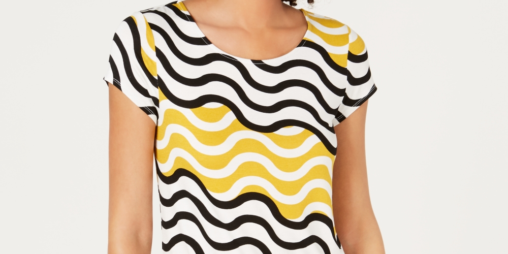 Alfani Women's Printed Round Hem T Shirt Yellow Size Petite Small