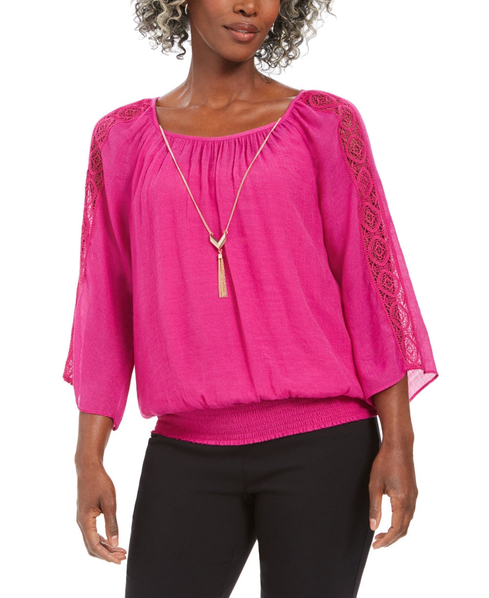 JM Collection Women's Textured Crochet Sleeve Necklace Gauze Top Pink Size Medium