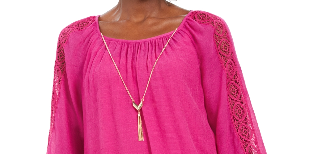 JM Collection Women's Textured Crochet Sleeve Necklace Gauze Top Pink Size Medium