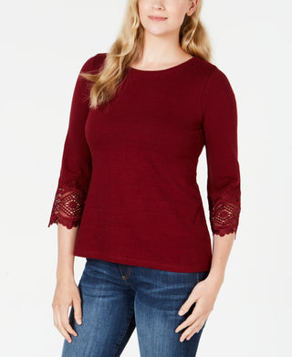 Charter Club Women's Cotton Lace Trim Top Red Size Petite Medium