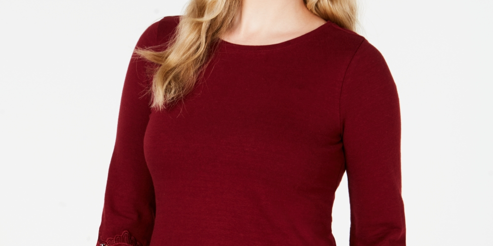 Charter Club Women's Cotton Lace Trim Top Red Size Petite Medium