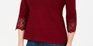 Charter Club Women's Cotton Lace Trim Top Red Size Petite Medium
