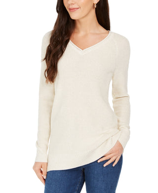 Charter Club Women's Lurex V Neck Sweater White Size Medium