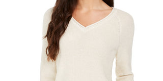 Charter Club Women's Lurex V Neck Sweater White Size Medium