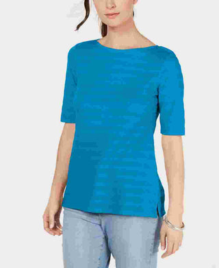 Charter Club Women's Cotton Texture Striped Elbow Sleeve Top Blue  Size X-Large