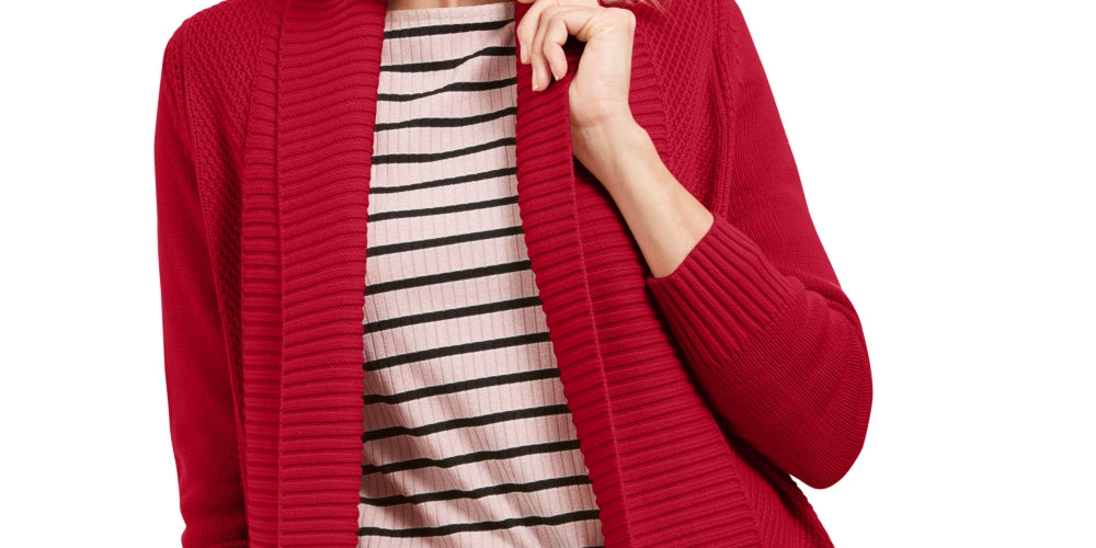Charter Club Women's Shawl Collar Mixed Stitch Sweater Red Size Petite Medium