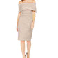 Vince Camuto Women's Glitter Zippered Short Sleeve Off Shoulder Below The Knee Sheath Evening Dress Brown Size 14