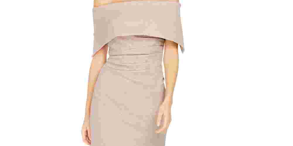 Vince Camuto Women's Glitter Zippered Short Sleeve Off Shoulder Below The Knee Sheath Evening Dress Brown Size 14