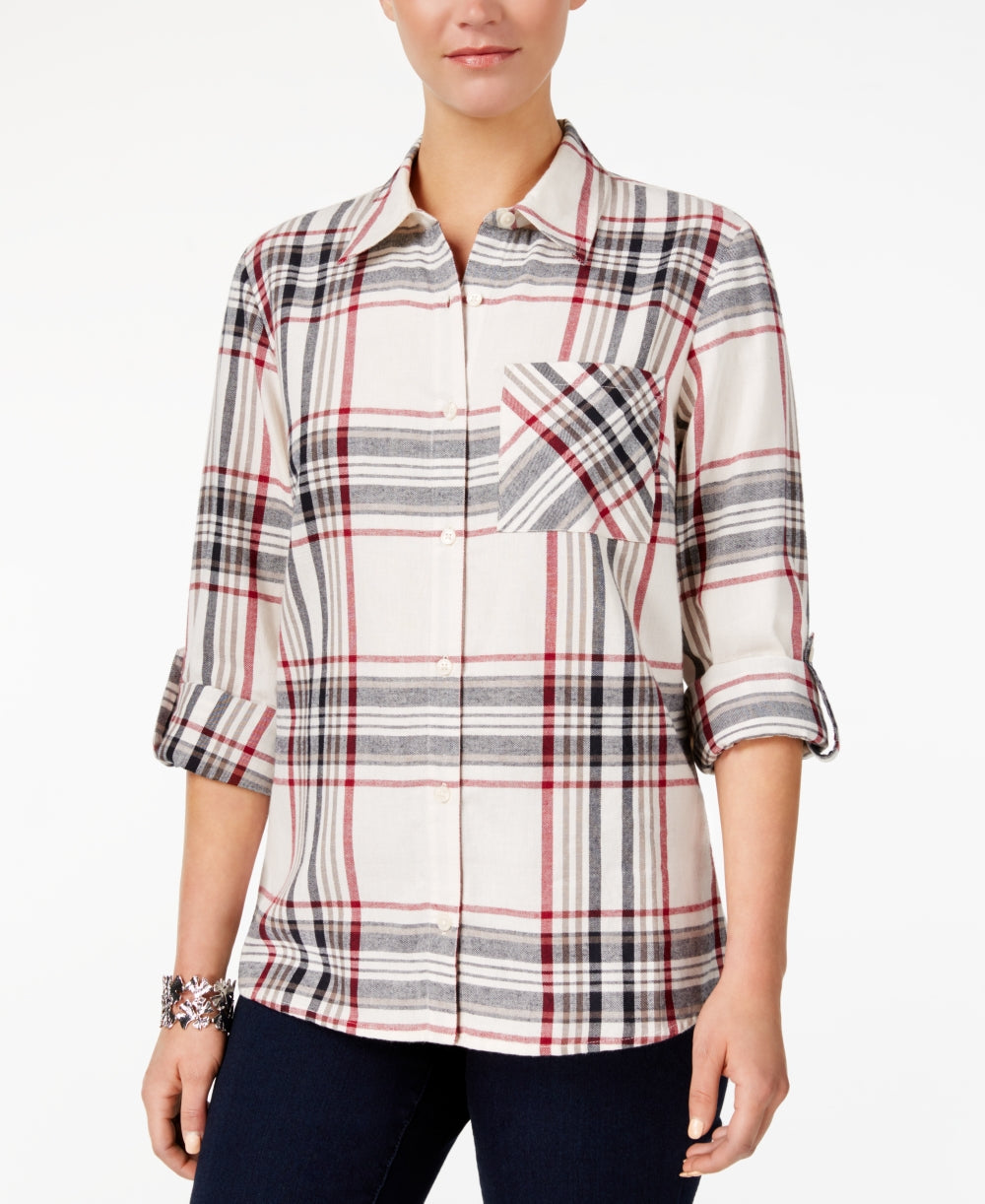 Style & Co Women's Plaid One Pocket Shirt Cream/Wine Size XX-Large