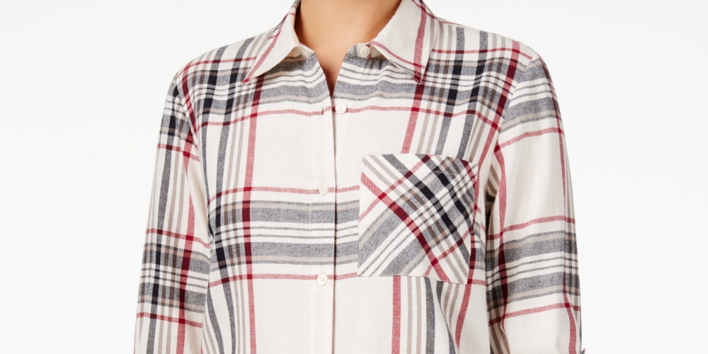Style & Co Women's Plaid One Pocket Shirt Cream/Wine Size XX-Large