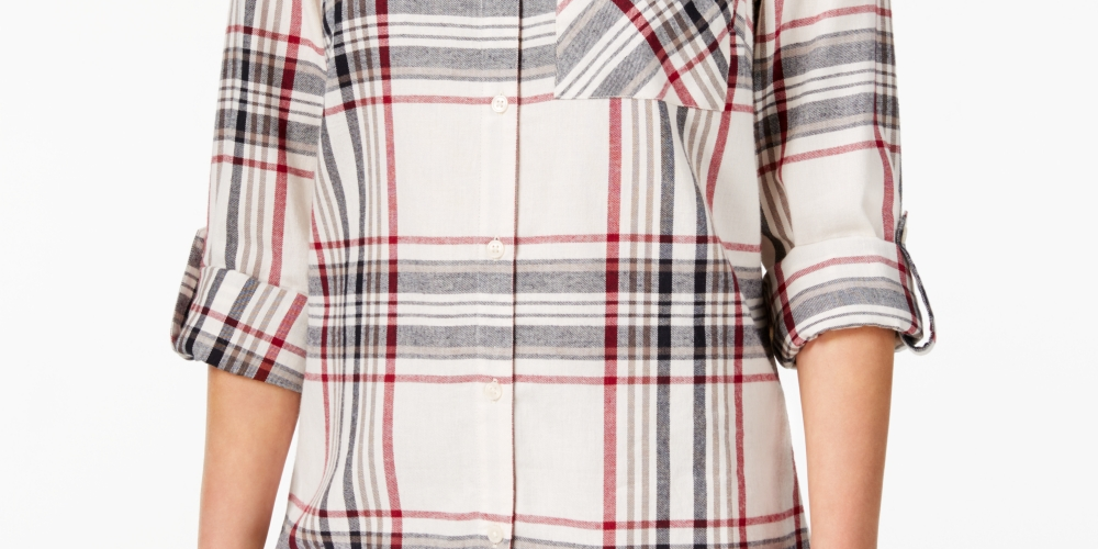 Style & Co Women's Plaid One Pocket Shirt Cream/Wine Size XX-Large