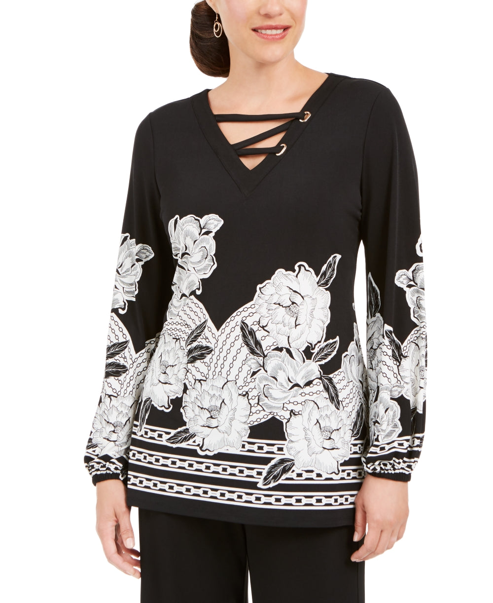JM Collection Women's Laced Grommet Neck Top Black Size X-Small