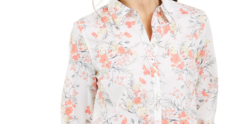 Charter Club Women's Cotton Floral Print Shirt White Size Large