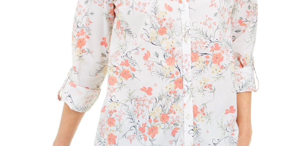 Charter Club Women's Cotton Floral Print Shirt White Size Large