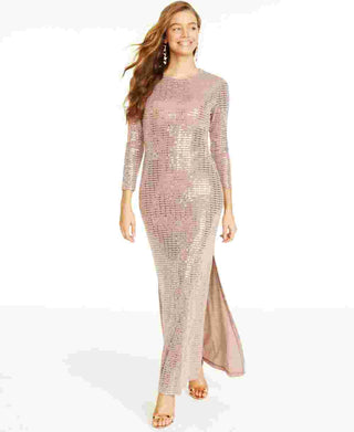 Morgan & Co Women's Long Sleeve Sequin Knit Gown Brown Size Medium