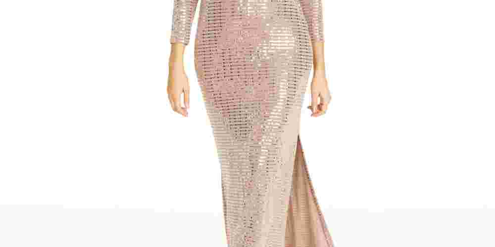 Morgan & Co Women's Long Sleeve Sequin Knit Gown Brown Size Medium