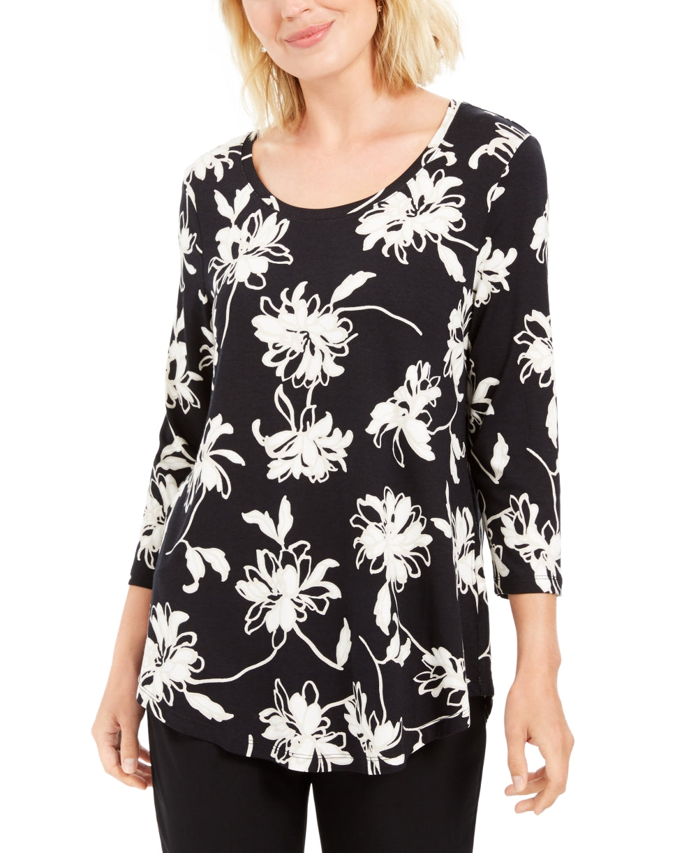 JM Collection Women's Printed Jacquard Top Black Size Petite S