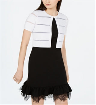 Calvin Klein Women's Ribbed Short Sleeve Open Cardigan Sweater White Size Medium