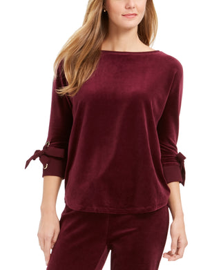 Charter Club Women's Velvet Tie Sleeve Top Burgundy Size X-Small