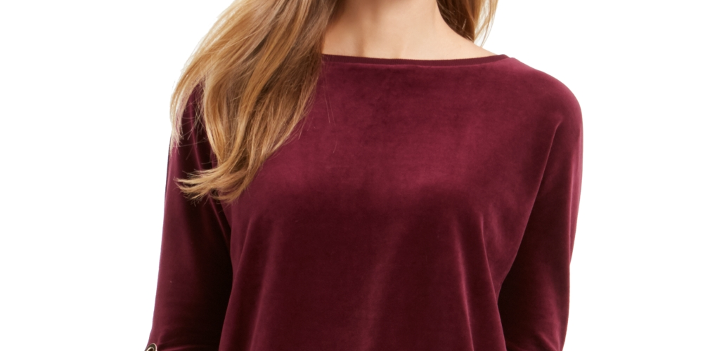 Charter Club Women's Velvet Tie Sleeve Top Burgundy Size X-Small