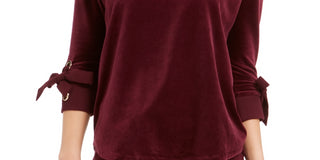 Charter Club Women's Velvet Tie Sleeve Top Burgundy Size X-Small