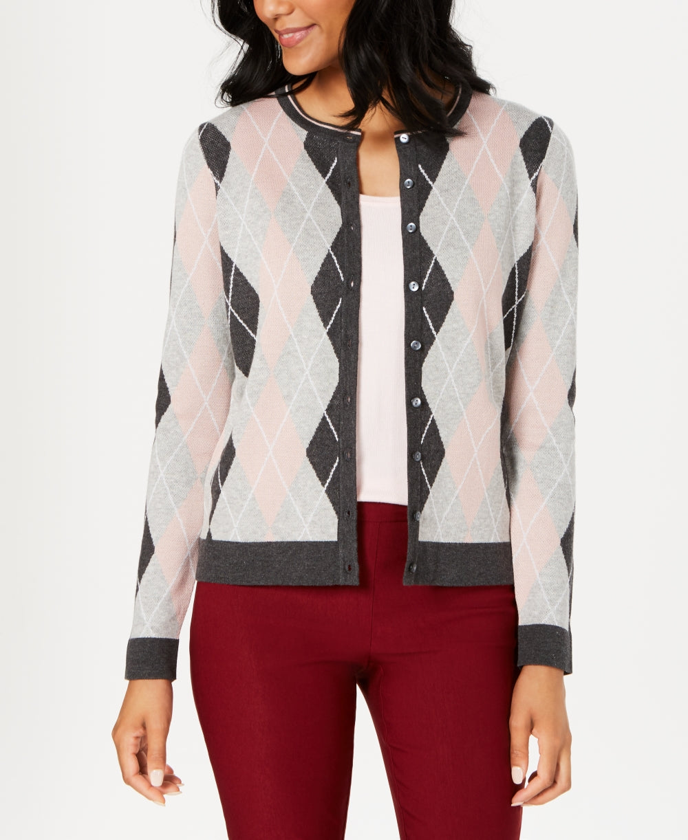 Charter Club Women's Argyle Knit Cardigan Gray Size Large