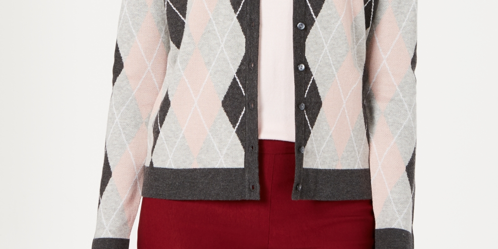 Charter Club Women's Argyle Knit Cardigan Gray Size Large