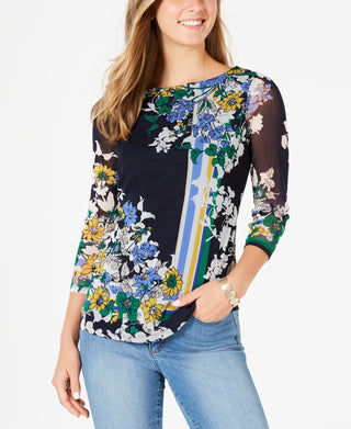 Charter Club Women's Printed 3/4 Sleeve Top Blue Size Medium