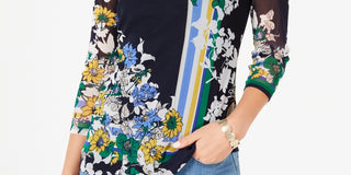 Charter Club Women's Printed 3/4 Sleeve Top Blue Size Medium