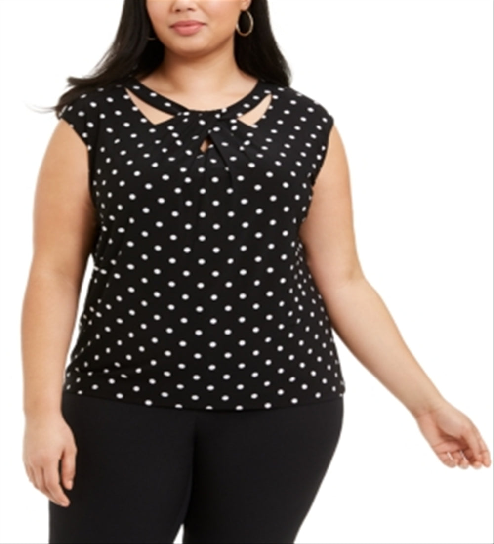Kasper Women's Plus Polka Dot Cut Out Top Black Size 3X