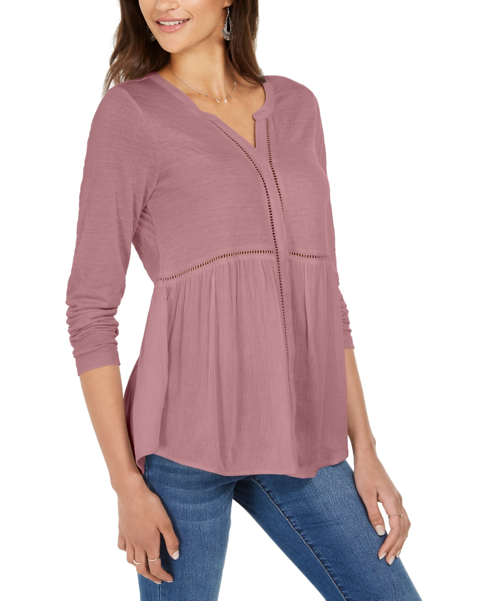 Style & Co Women's V Neck Mixed Woven Top  PinkSize Small