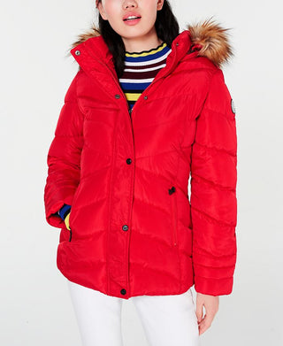 Madden Girl Junior's Hooded Faux Fur Trim Puffer Coat Red Size Large