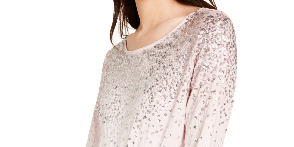 INC International Concepts Women's  Sequin Long Sleeve Top Pink  Size Petite Small