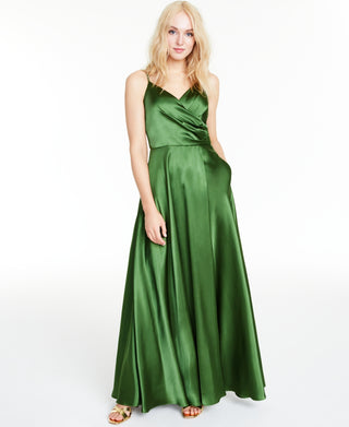 Morgan & Co Women's Pleated Surplice Satin Gown Green Size 9