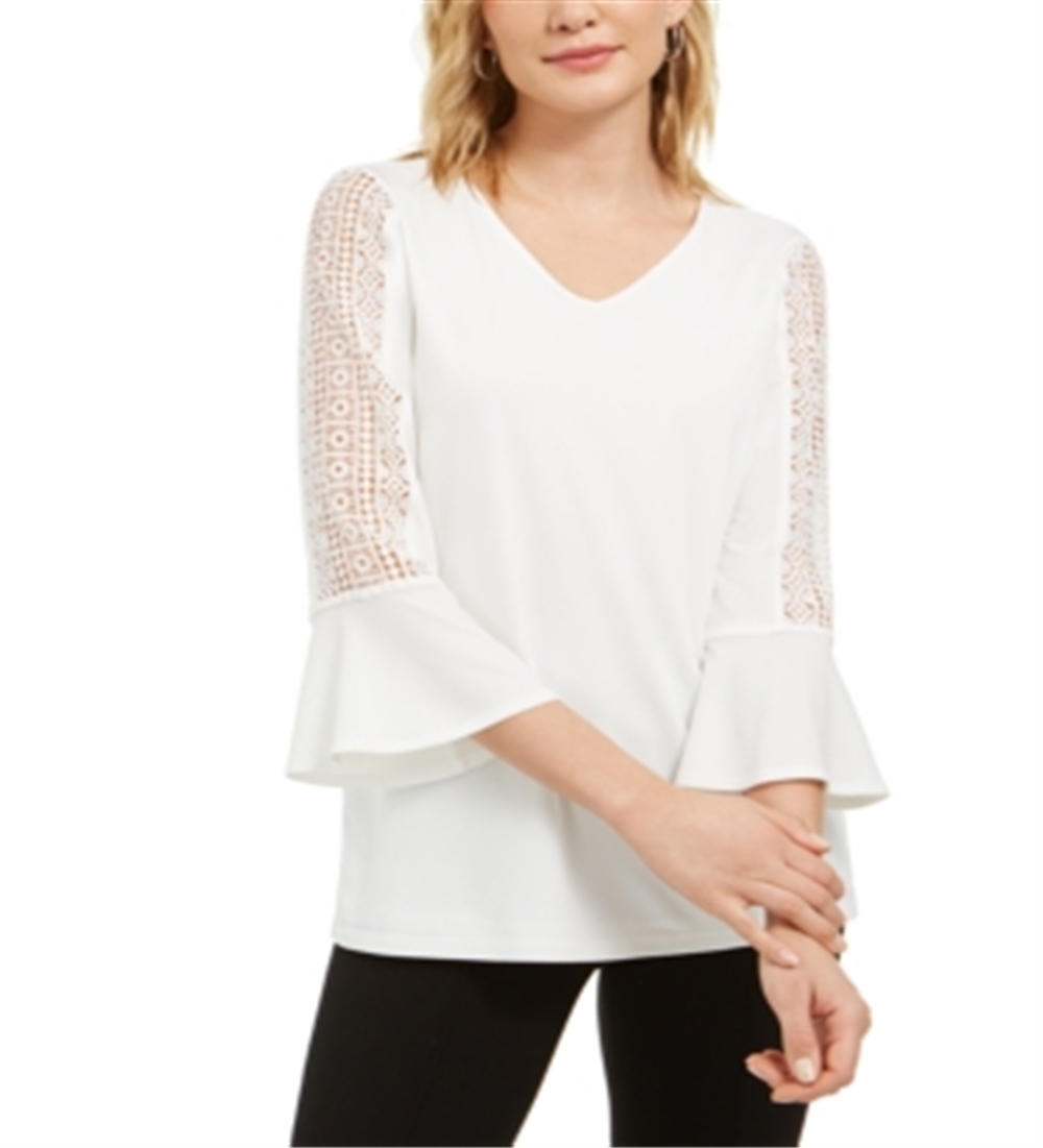 Kasper Women's Crochet Sleeve V Neck Knit Top White Size M