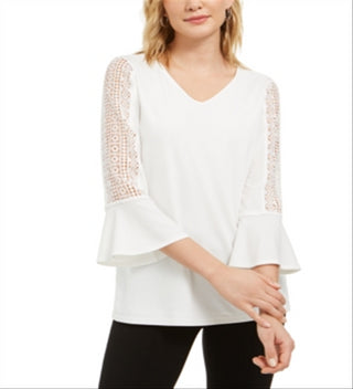 Kasper Women's Crochet Sleeve V Neck Knit Top White Size M