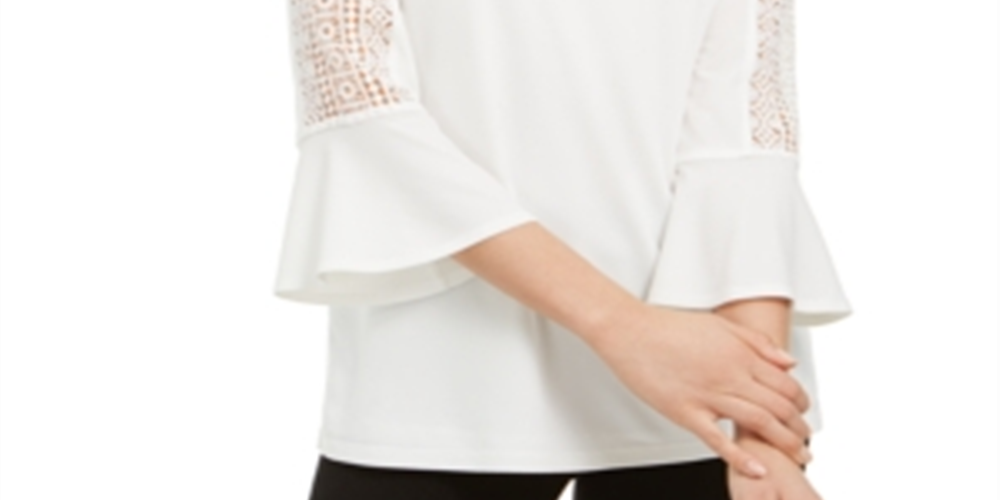 Kasper Women's Crochet Sleeve V Neck Knit Top White Size M