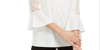 Kasper Women's Crochet Sleeve V Neck Knit Top White Size M