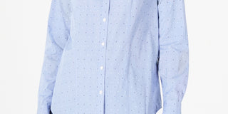 Charter Club Women's Cotton Printed Button Front Top Blue Size 12