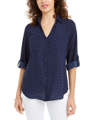 Bcx Juniors' Cuffed Dot-Print Top Blue Size Small
