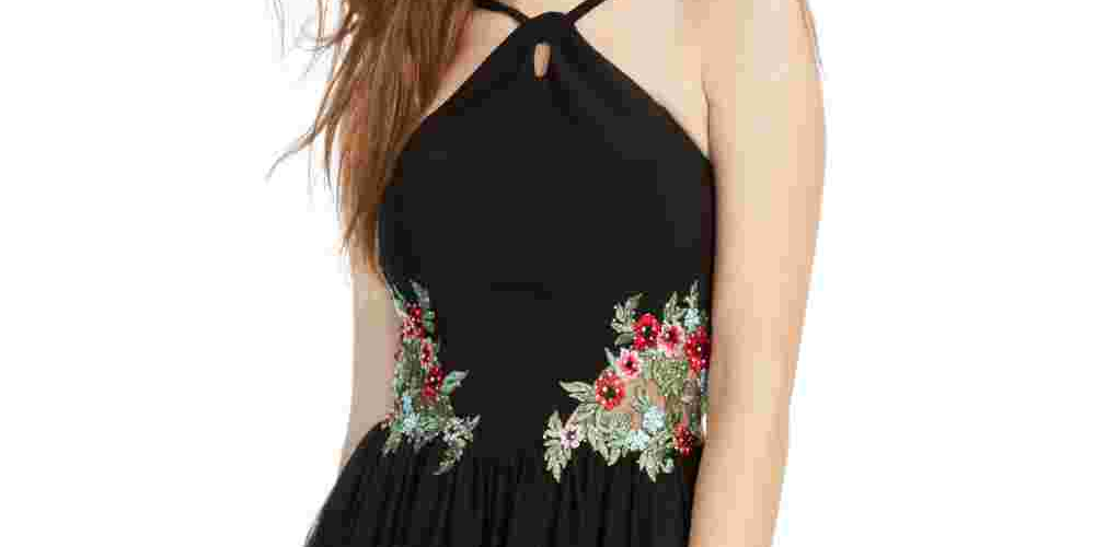 Blondie Women's Embroidered Zippered Floral Sleeveless Halter Short Fit Flare Party Dress Black Size 1
