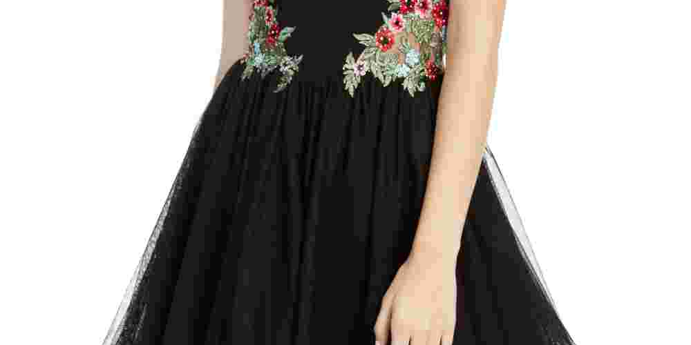 Blondie Women's Embroidered Zippered Floral Sleeveless Halter Short Fit Flare Party Dress Black Size 1