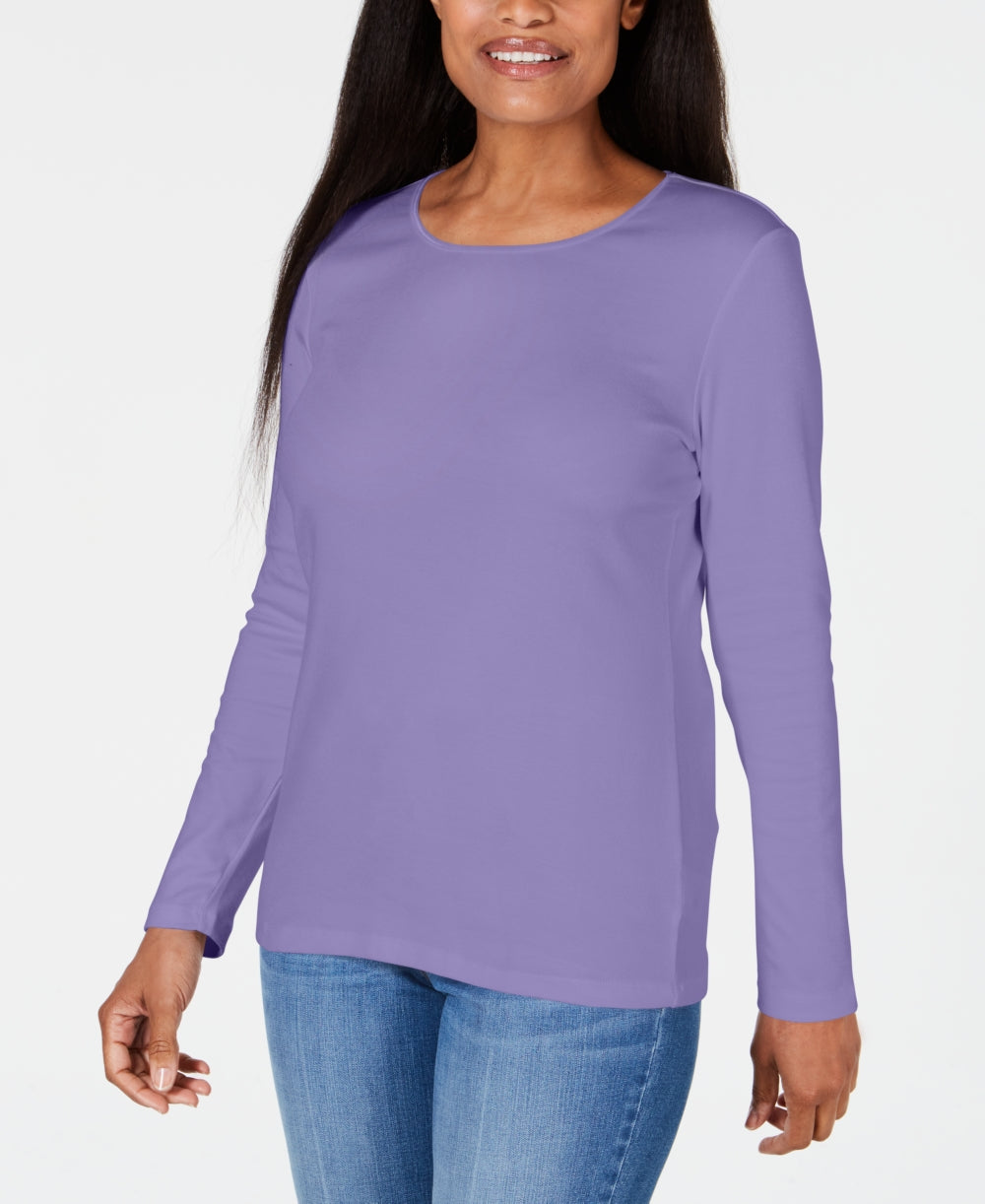 Karen Scott Women's Satin Trim Scoop Neck Top Purple Size Medium