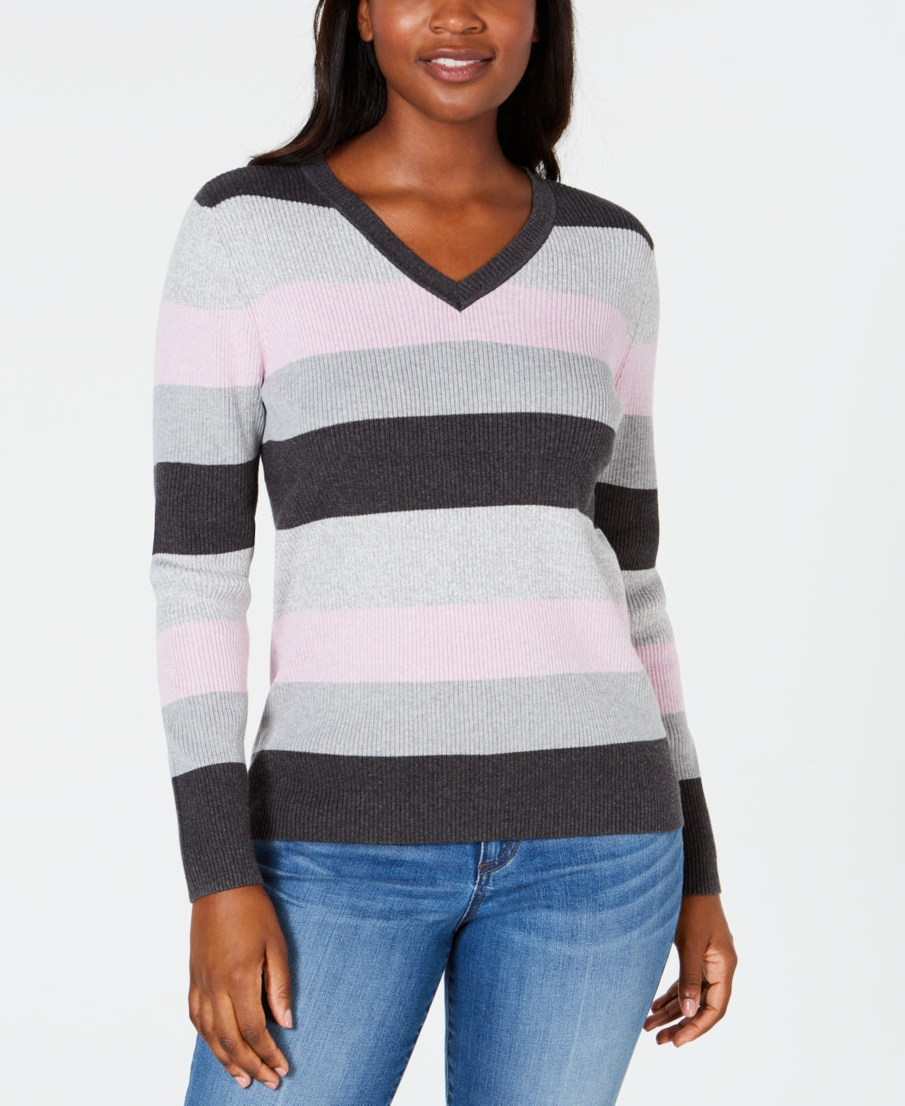 Karen Scott Women's Colorblocked V Neck Cotton Sweater Gray/Pink Size X-Small