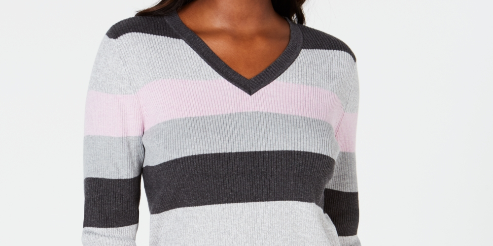 Karen Scott Women's Colorblocked V Neck Cotton Sweater Gray/Pink Size X-Small