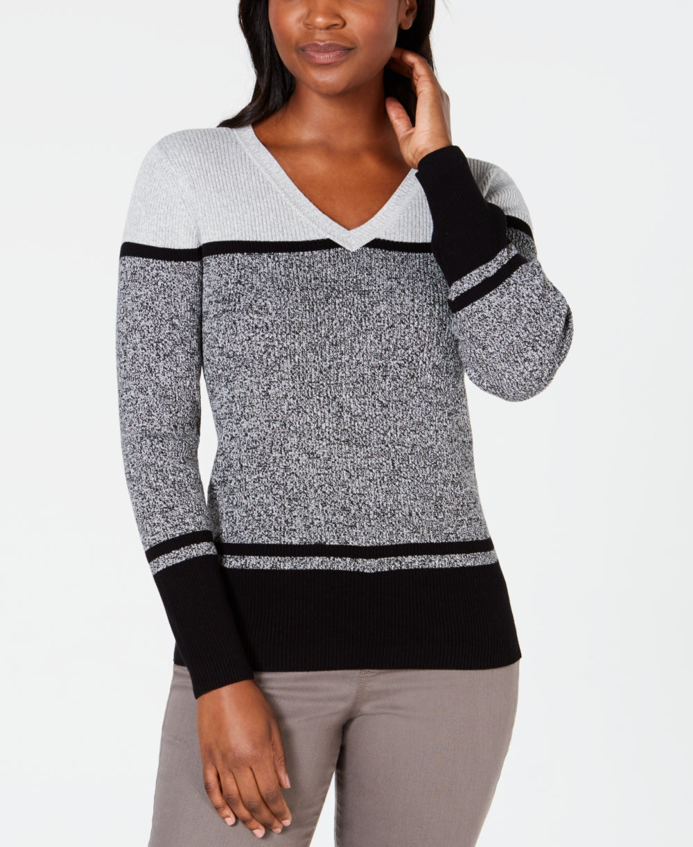 Karen Scott Women's Striped V Neck Cotton Sweater Black Size X-Small