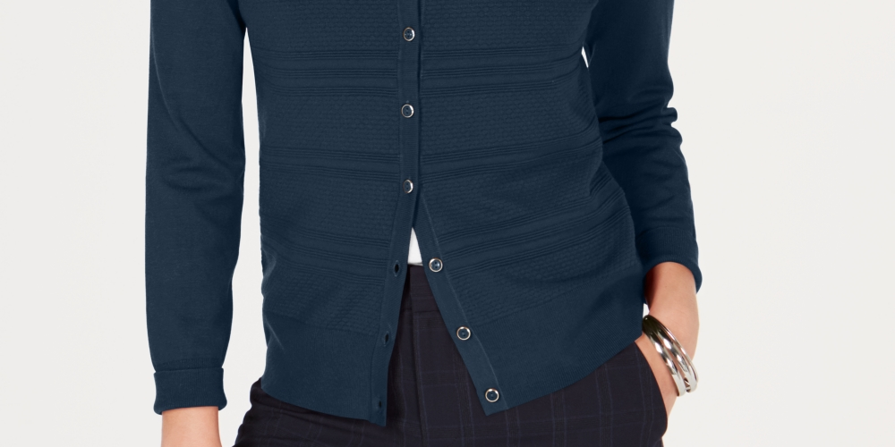 Charter Club Women's Textured Cardigan Sweater Blue Size Petite X-Large