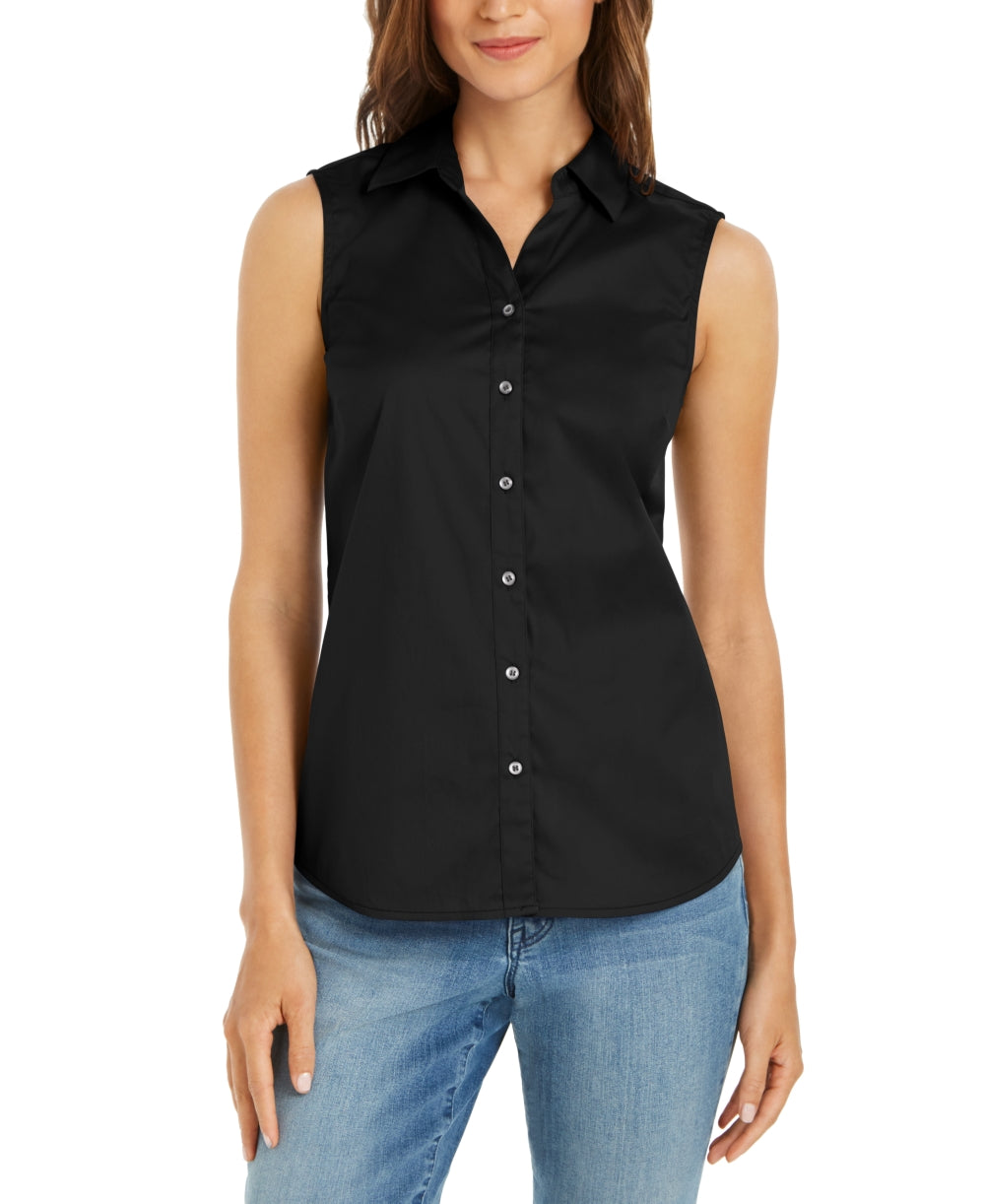 Charter Club Women's Button Front Top Black Size 12