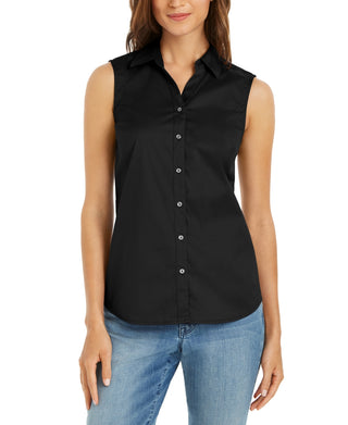 Charter Club Women's Button Front Top Black Size 12