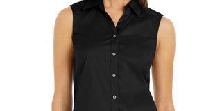 Charter Club Women's Button Front Top Black Size 12